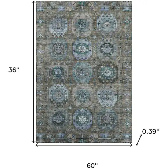 Brown And Blue Medallion Washable Area Rug With UV Protection Photo 9