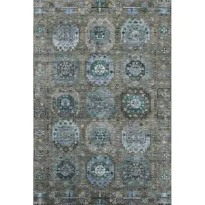 Photo of Brown And Blue Medallion Washable Area Rug With UV Protection