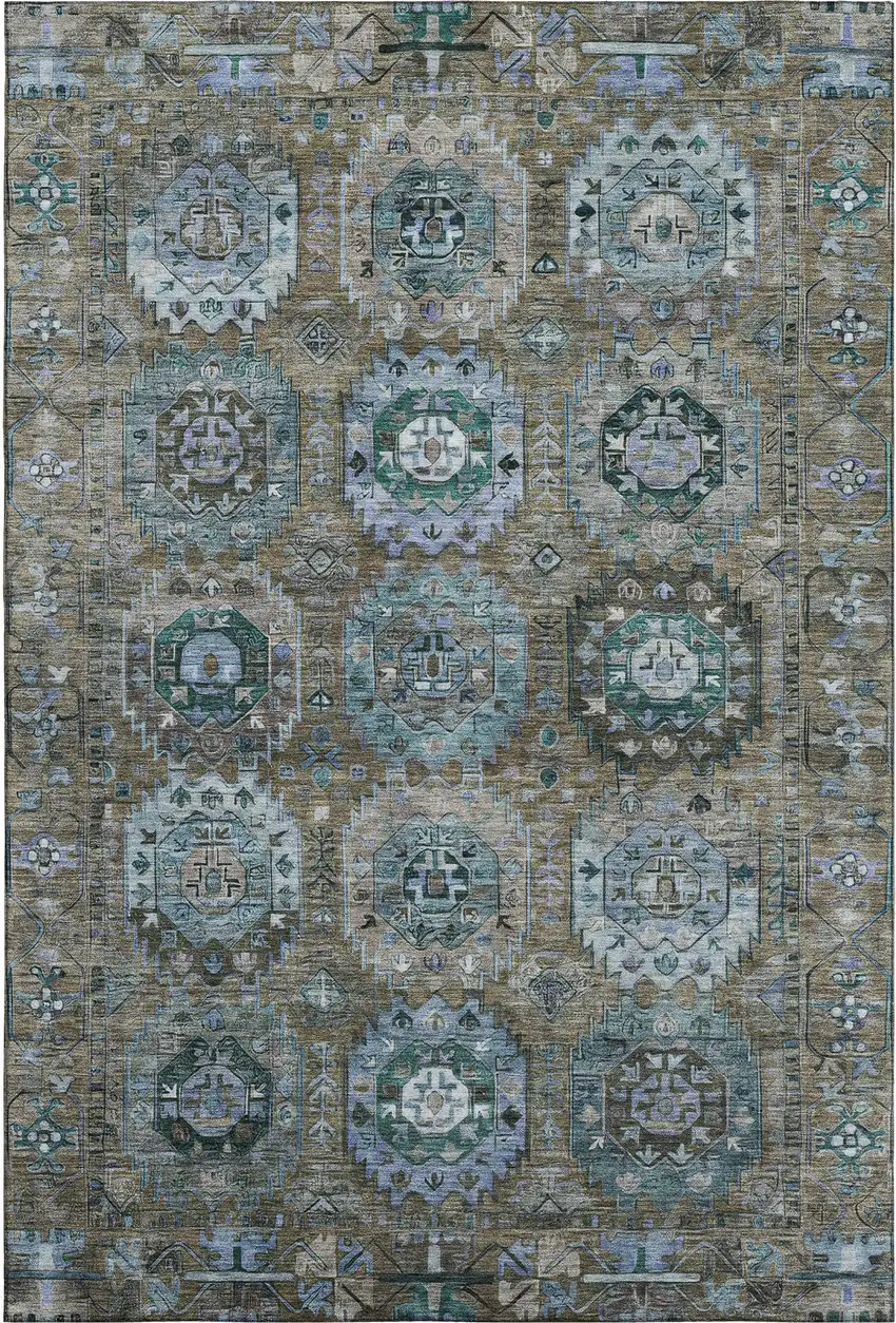 Brown And Blue Medallion Washable Area Rug With UV Protection Photo 1