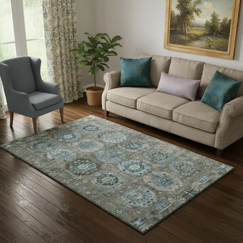 Brown And Blue Medallion Washable Area Rug With UV Protection Photo 2