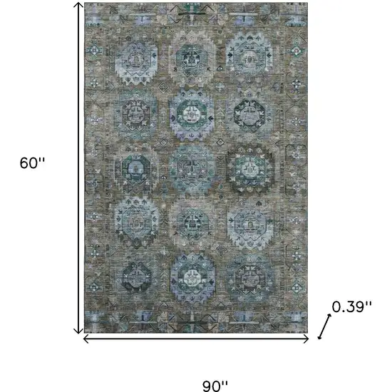 Brown And Blue Medallion Washable Area Rug With UV Protection Photo 9