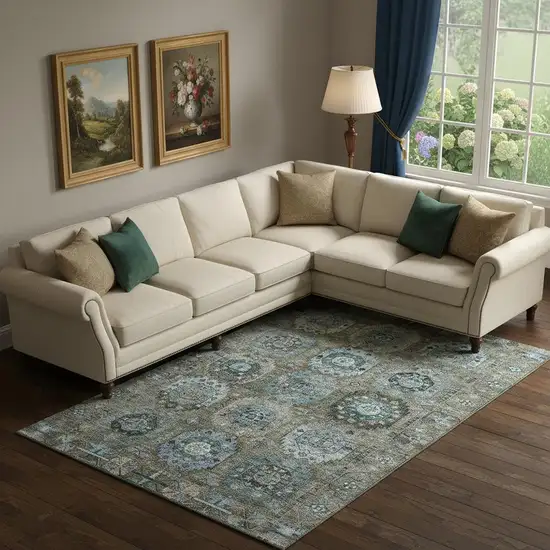 Brown And Blue Medallion Washable Area Rug With UV Protection Photo 2