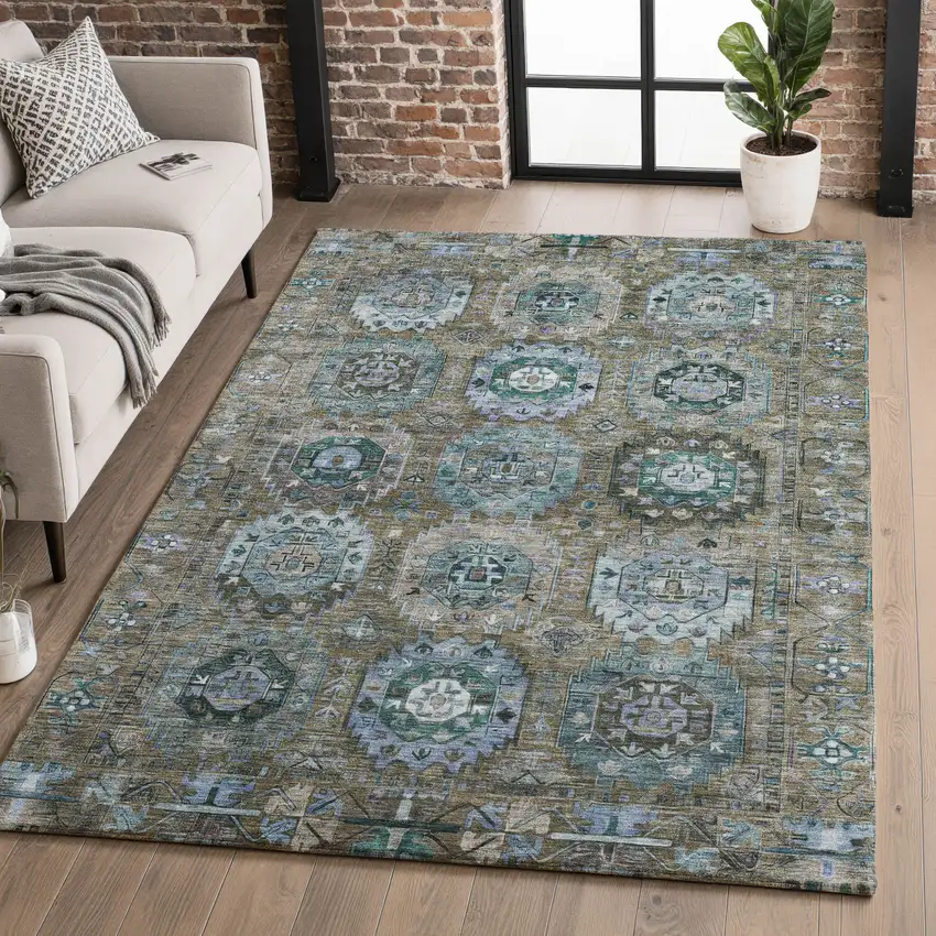 Brown And Blue Medallion Washable Area Rug With UV Protection Photo 4