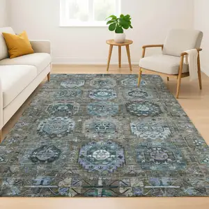 Photo of Brown And Blue Medallion Washable Area Rug With UV Protection