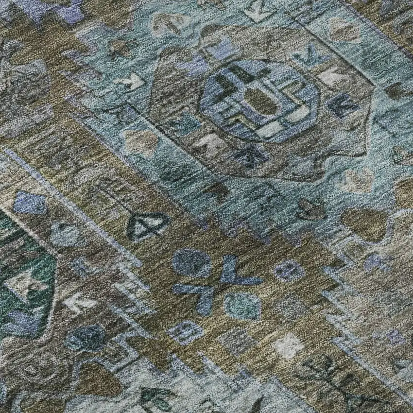 Brown And Blue Medallion Washable Area Rug With UV Protection Photo 7