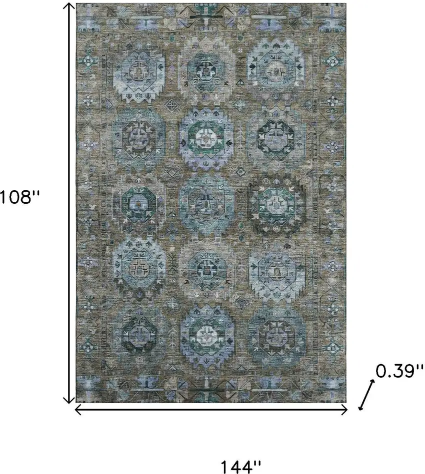 Brown And Blue Medallion Washable Area Rug With UV Protection Photo 8