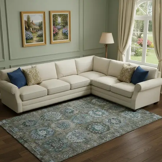 Brown And Blue Medallion Washable Area Rug With UV Protection Photo 2