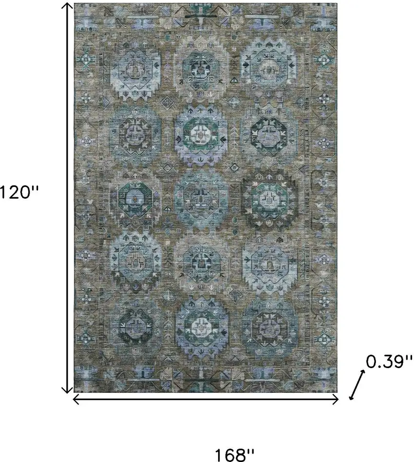 Brown And Blue Medallion Washable Area Rug With UV Protection Photo 8