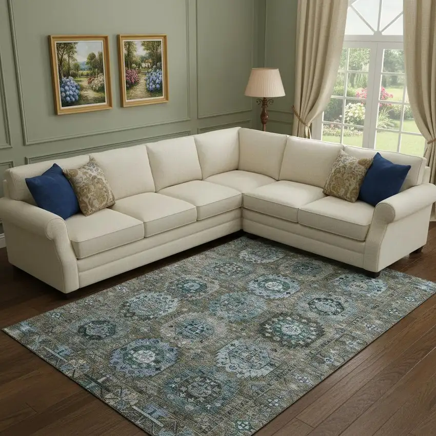 Brown And Blue Medallion Washable Area Rug With UV Protection Photo 2