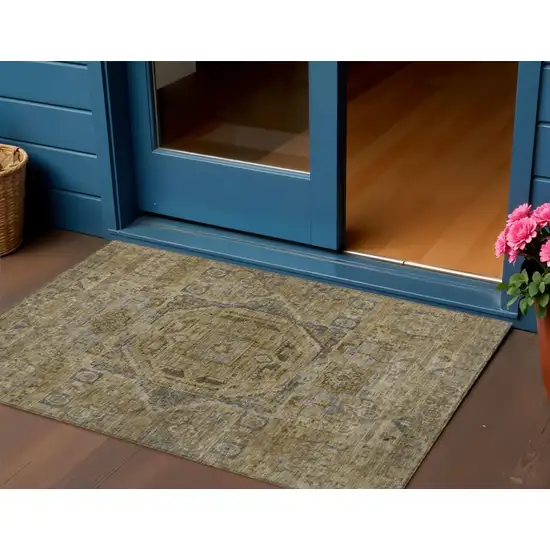 Brown And Blue Medallion Washable Indoor Outdoor Area Rug Photo 2