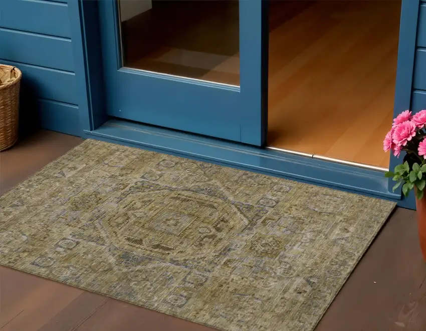 Brown And Blue Medallion Washable Indoor Outdoor Area Rug Photo 2