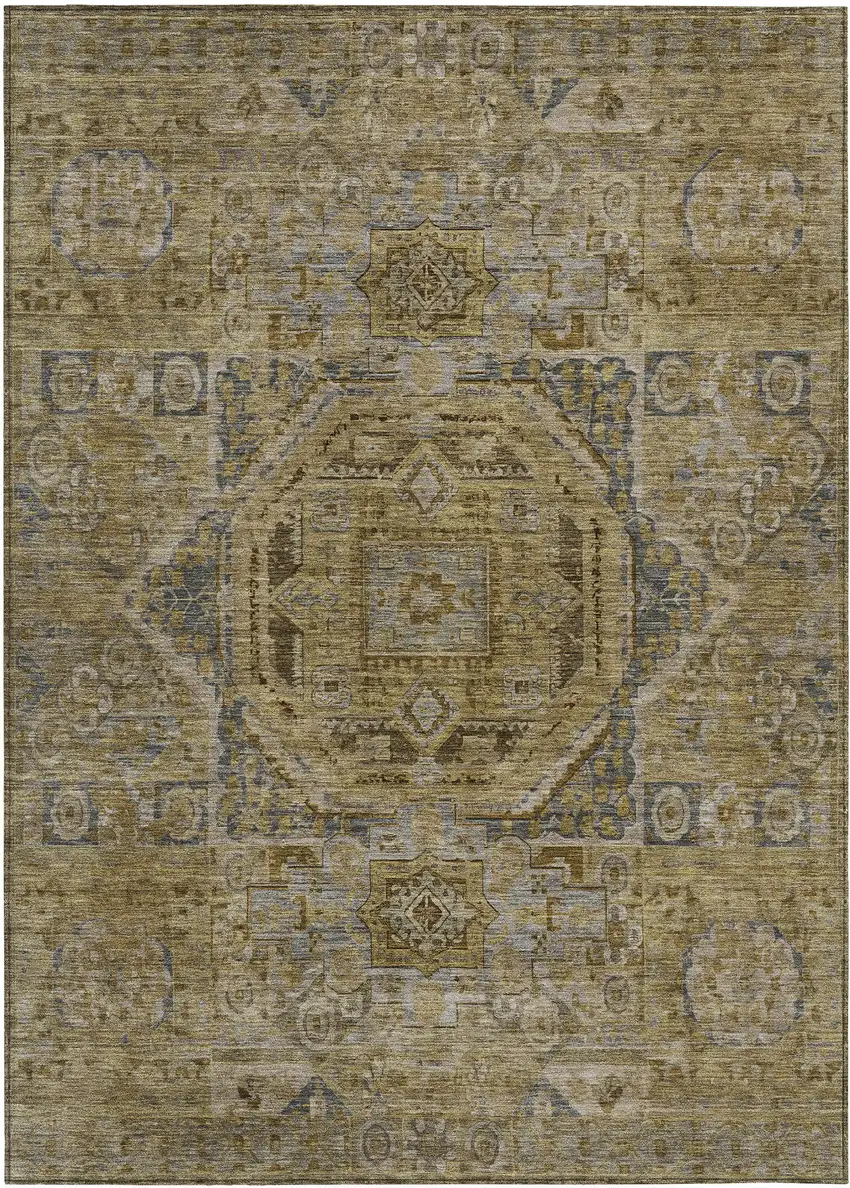 Brown And Blue Medallion Washable Indoor Outdoor Area Rug Photo 1