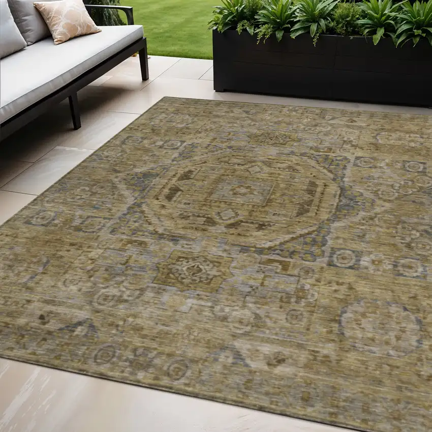 Brown And Blue Medallion Washable Indoor Outdoor Area Rug Photo 2