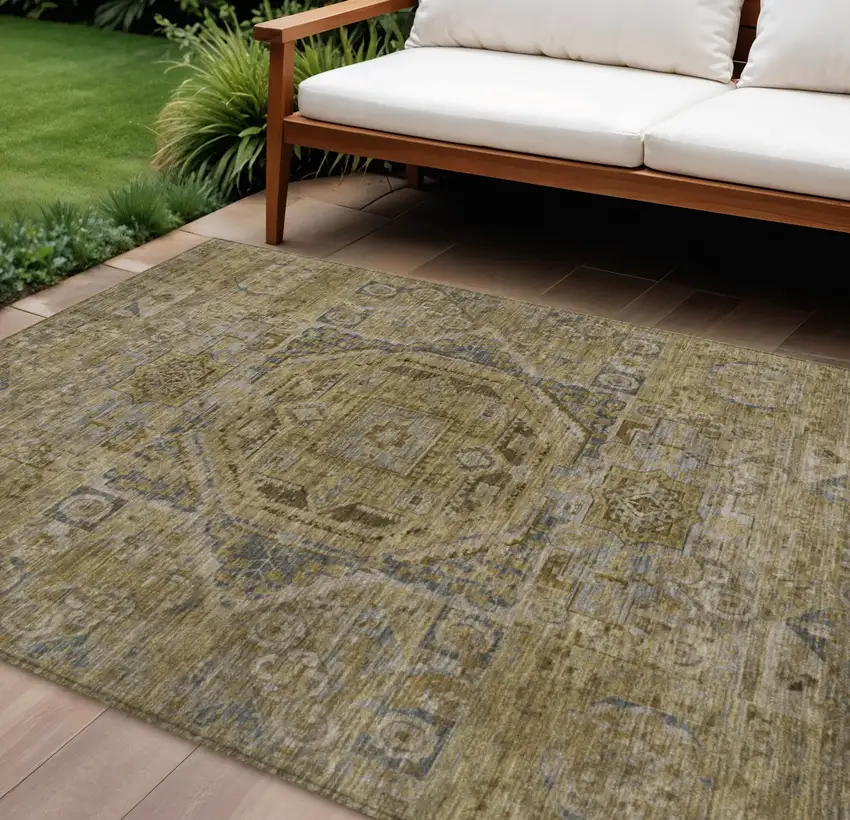 Brown And Blue Medallion Washable Indoor Outdoor Area Rug Photo 2