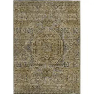 Photo of Brown And Blue Medallion Washable Indoor Outdoor Area Rug