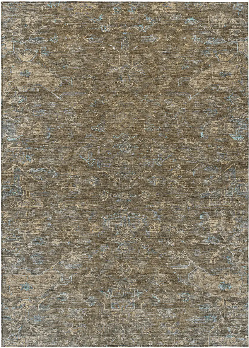 Brown And Blue Medallion Washable Indoor Outdoor Area Rug Photo 2