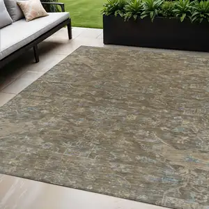 Photo of Brown And Blue Medallion Washable Indoor Outdoor Area Rug