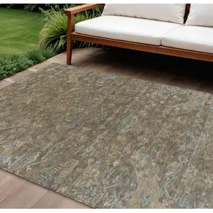 Photo of Brown And Blue Medallion Washable Indoor Outdoor Area Rug