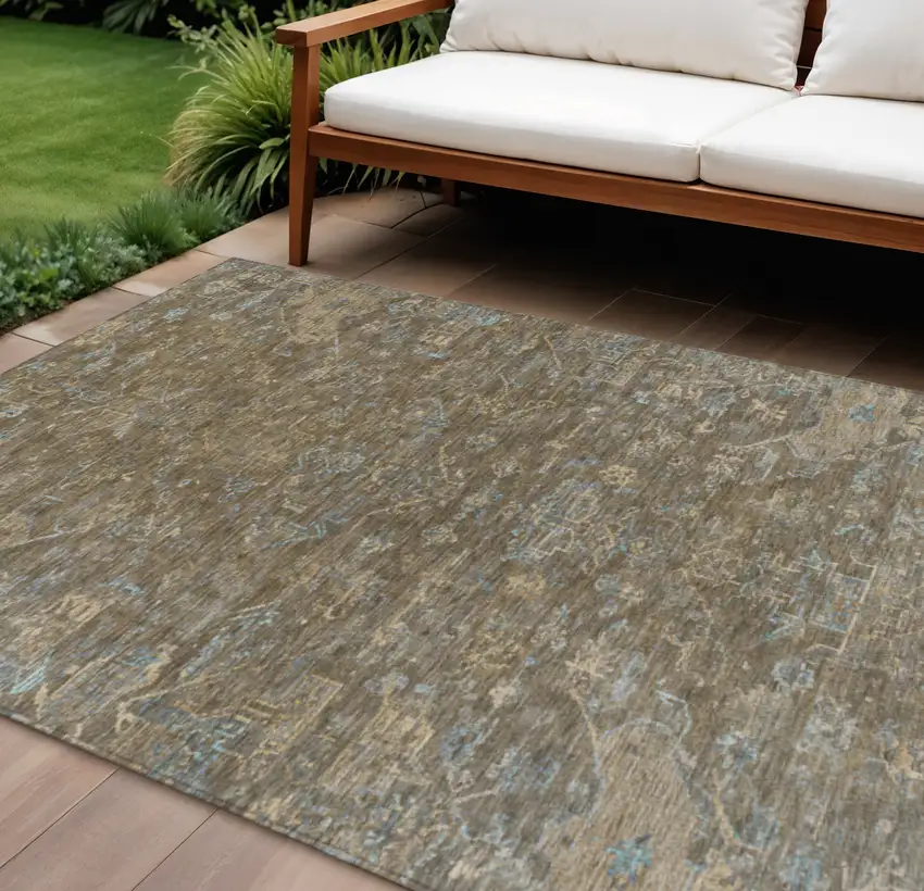 Brown And Blue Medallion Washable Indoor Outdoor Area Rug Photo 1