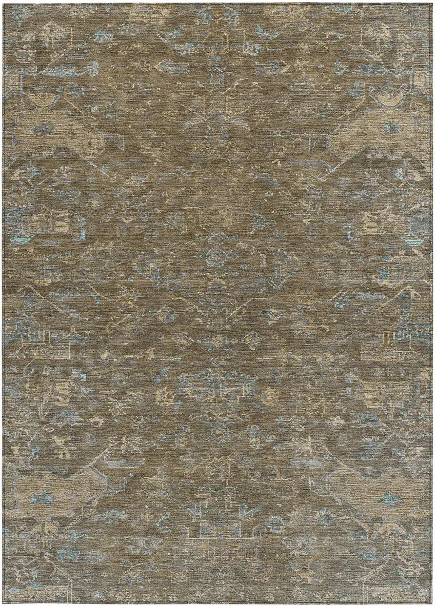Brown And Blue Medallion Washable Indoor Outdoor Area Rug Photo 4