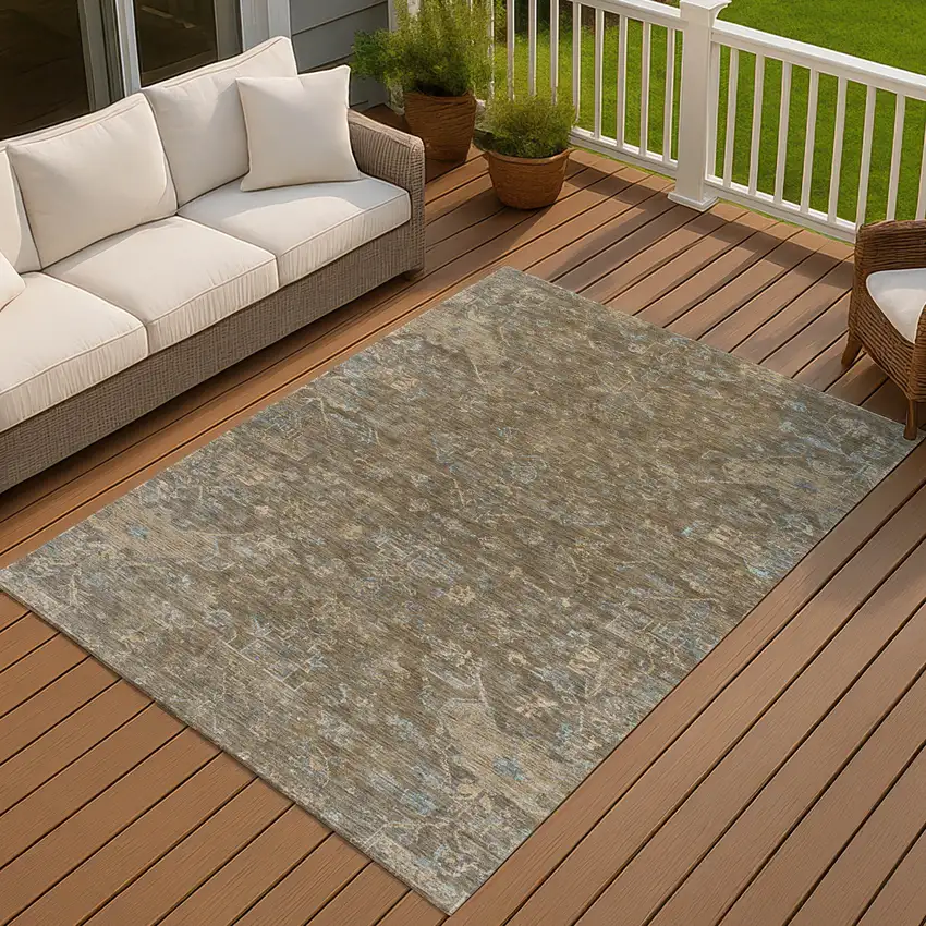 Brown And Blue Medallion Washable Indoor Outdoor Area Rug Photo 6
