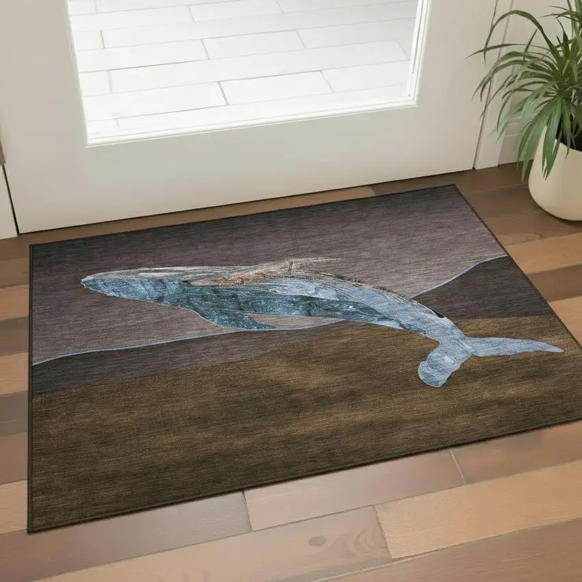 Brown And Blue Nautical Washable Area Rug With UV Protection Photo 2