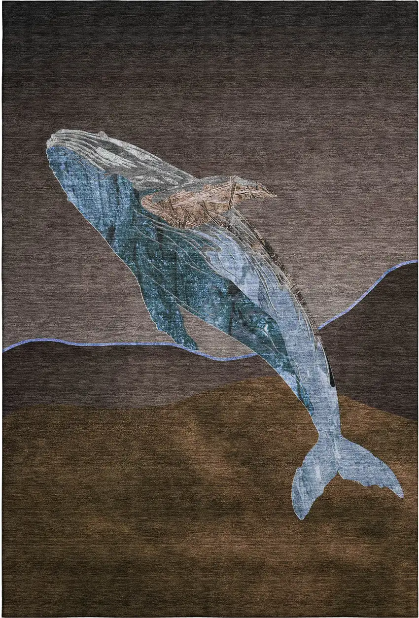 Brown And Blue Nautical Washable Area Rug With UV Protection Photo 1