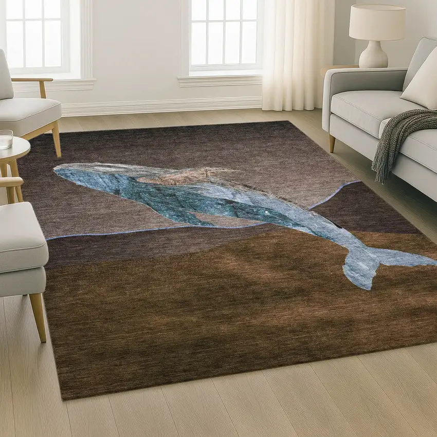 Brown And Blue Nautical Washable Area Rug With UV Protection Photo 6