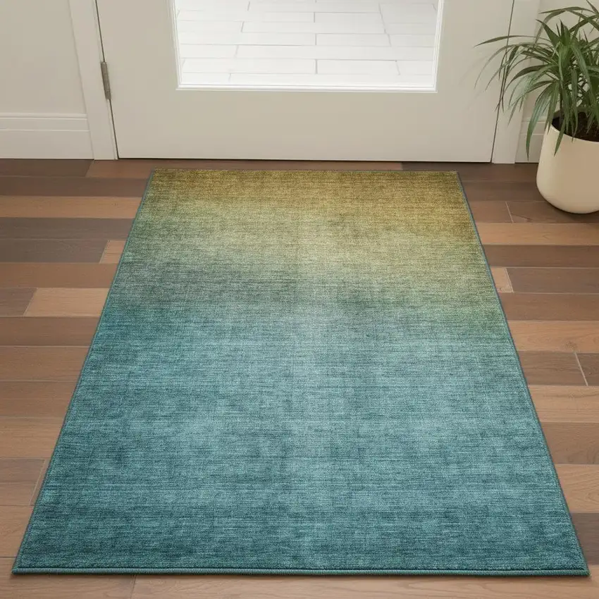 Brown And Blue Ombre Washable Area Rug With UV Protection Photo 1