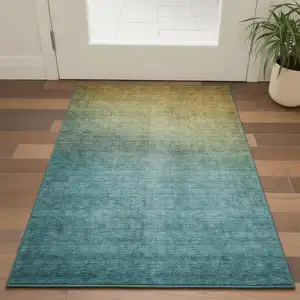 Photo of Brown And Blue Ombre Washable Area Rug With UV Protection