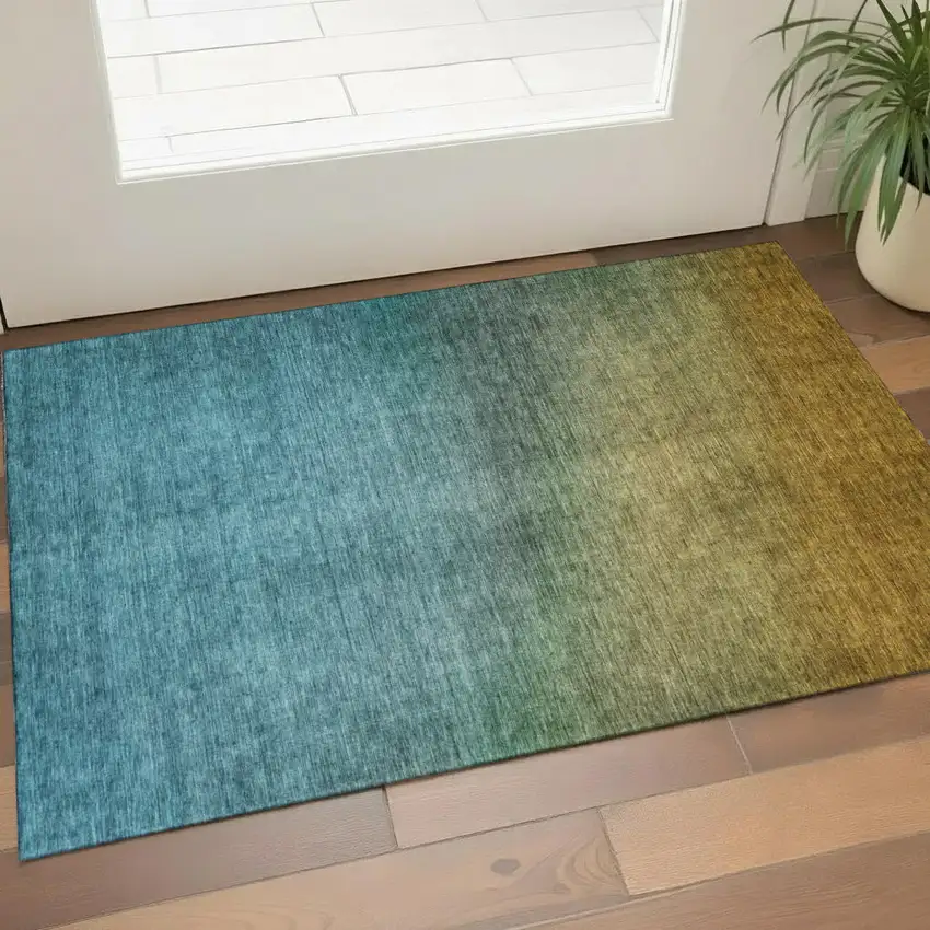 Brown And Blue Ombre Washable Area Rug With UV Protection Photo 1