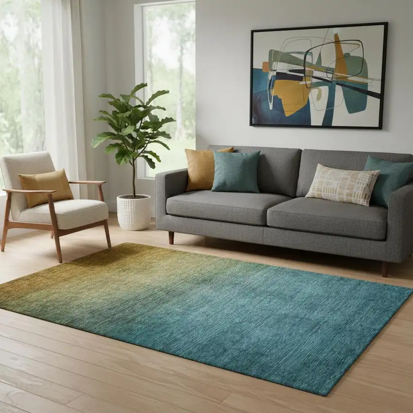 Brown And Blue Ombre Washable Area Rug With UV Protection Photo 1