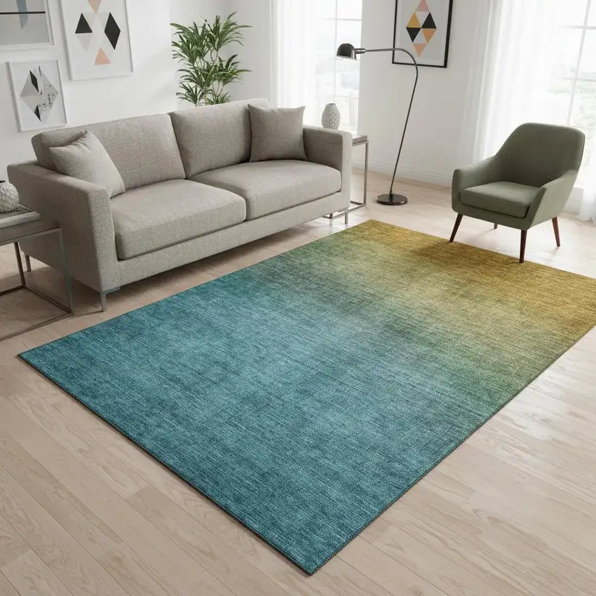 Brown And Blue Ombre Washable Area Rug With UV Protection Photo 2