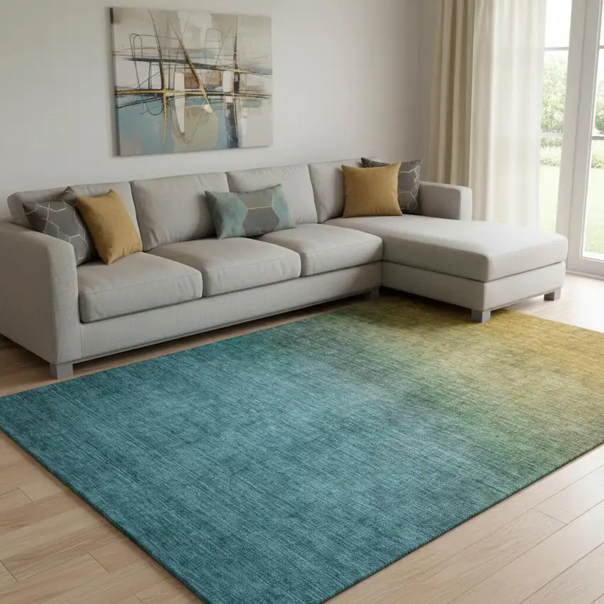 Brown And Blue Ombre Washable Area Rug With UV Protection Photo 1