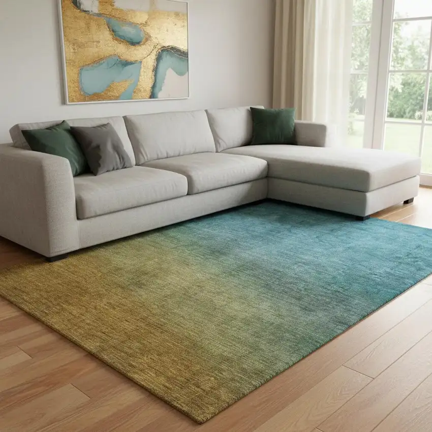 Brown And Blue Ombre Washable Area Rug With UV Protection Photo 1