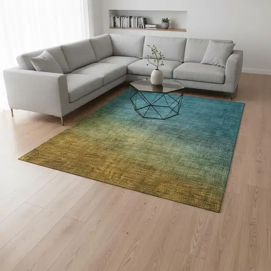 Brown And Blue Ombre Washable Area Rug With UV Protection Photo 2