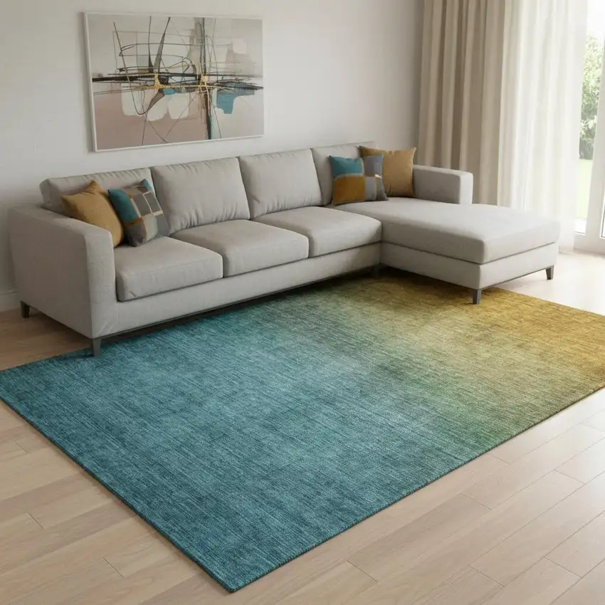 Brown And Blue Ombre Washable Area Rug With UV Protection Photo 1
