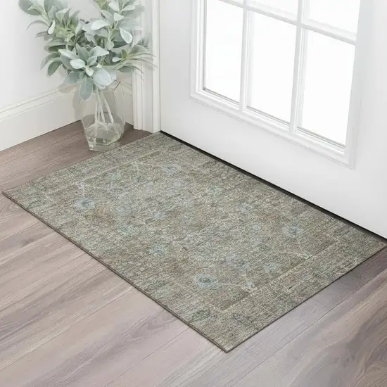 Brown And Blue Oriental Washable Area Rug With UV Protection Photo 2