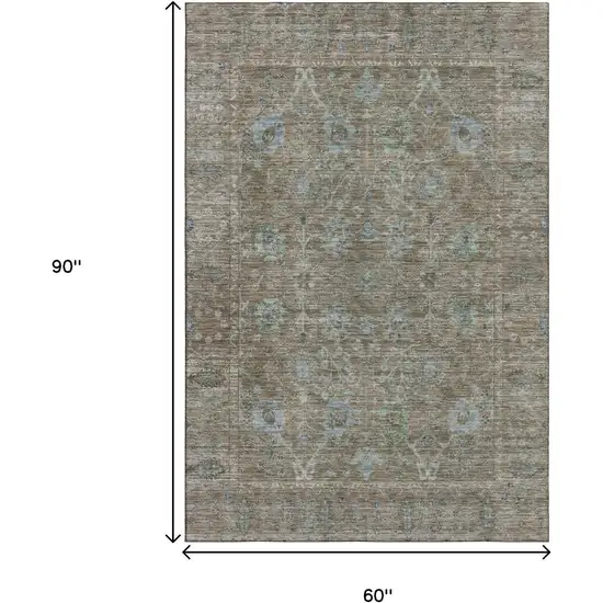 Brown And Blue Oriental Washable Area Rug With UV Protection Photo 6