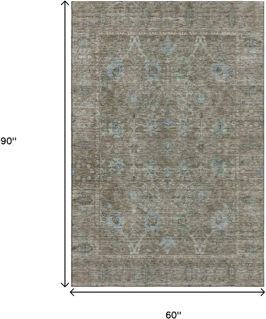 Brown And Blue Oriental Washable Area Rug With UV Protection Photo 6