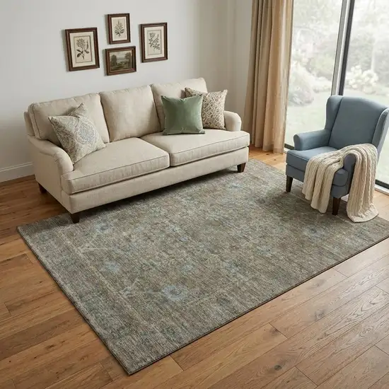 Brown And Blue Oriental Washable Area Rug With UV Protection Photo 1