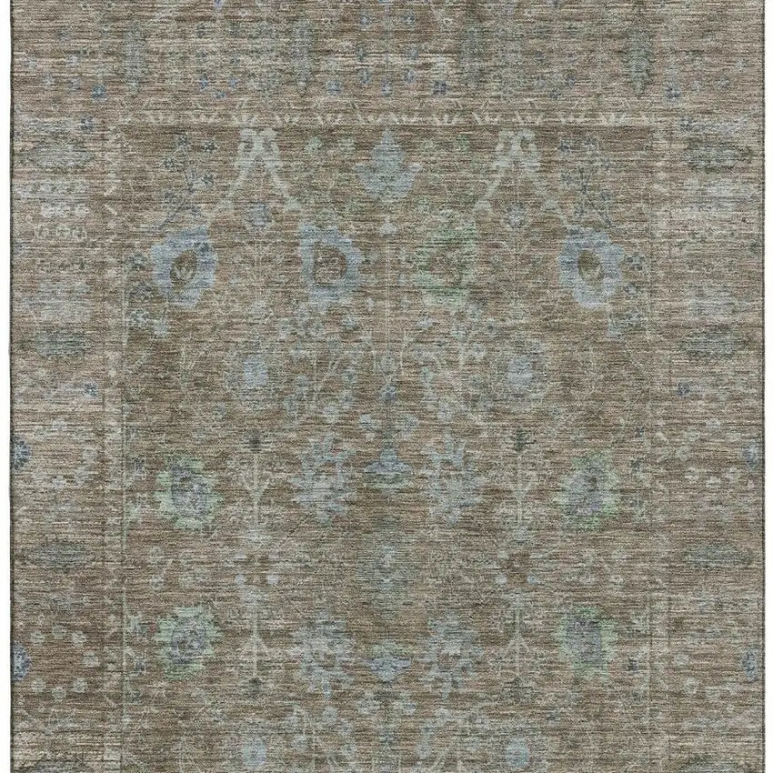 Brown And Blue Oriental Washable Area Rug With UV Protection Photo 3