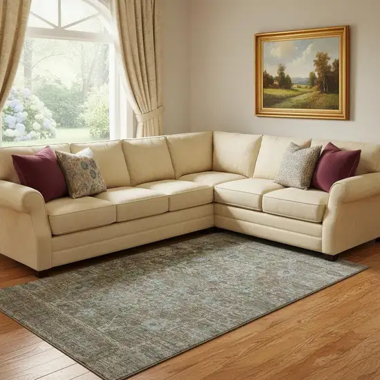 Brown And Blue Oriental Washable Area Rug With UV Protection Photo 2