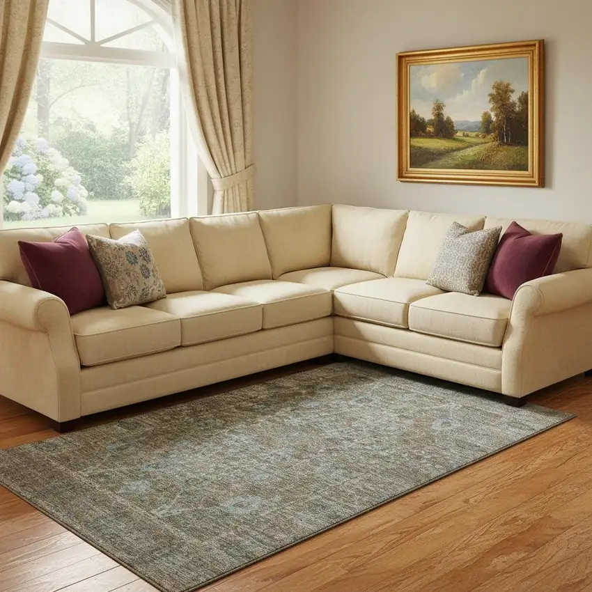 Brown And Blue Oriental Washable Area Rug With UV Protection Photo 2