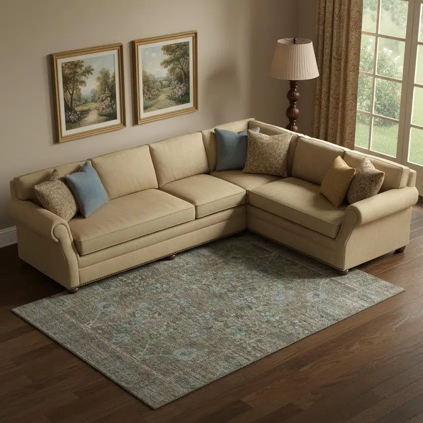 Brown And Blue Oriental Washable Area Rug With UV Protection Photo 2