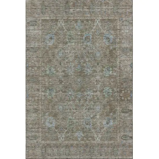 Brown And Blue Oriental Washable Area Rug With UV Protection Photo 3
