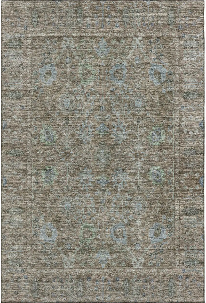 Brown And Blue Oriental Washable Area Rug With UV Protection Photo 3
