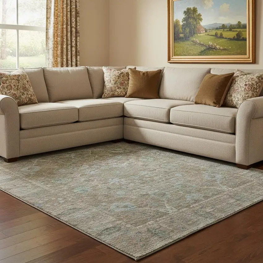 Brown And Blue Oriental Washable Area Rug With UV Protection Photo 2