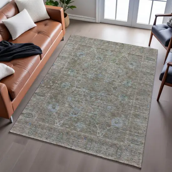 Brown And Blue Oriental Washable Area Rug With UV Protection Photo 5