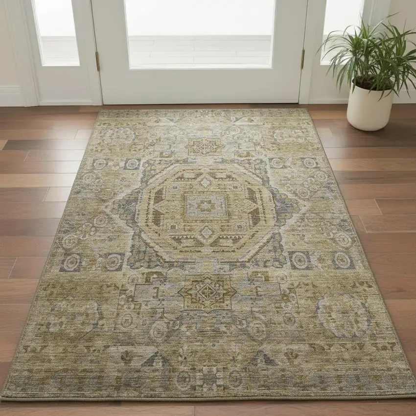 Brown And Blue Oriental Washable Area Rug With UV Protection Photo 2